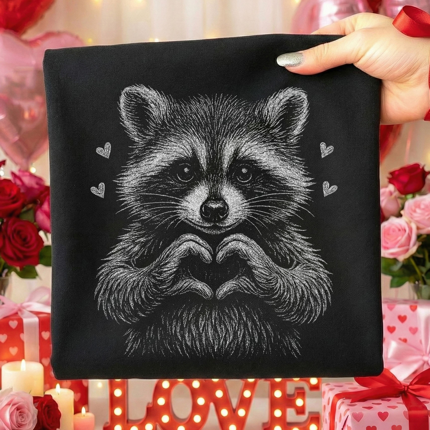 Heart Hands Racoon Full Color DTF Transfer