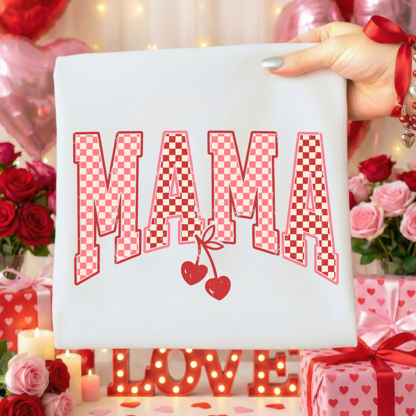 Mama Checkered (Heart Cherries) Full Color DTF Transfer