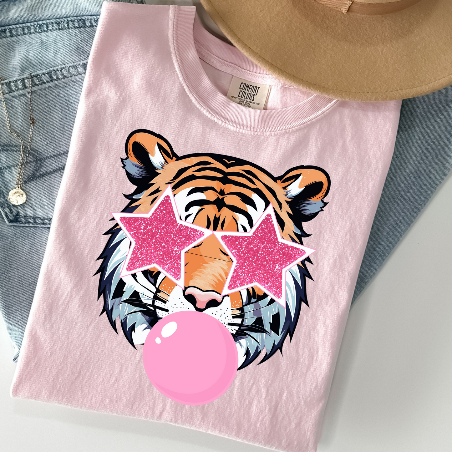 Tiger (Faux Glitter Glasses) w/Bubblegum Full Color DTF Transfer