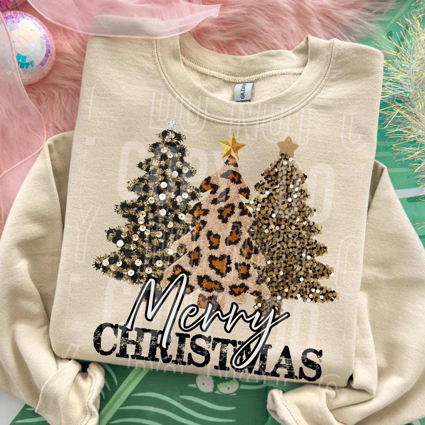Merry Christmas (Trees Faux Sequin) Full Color DTF Transfer