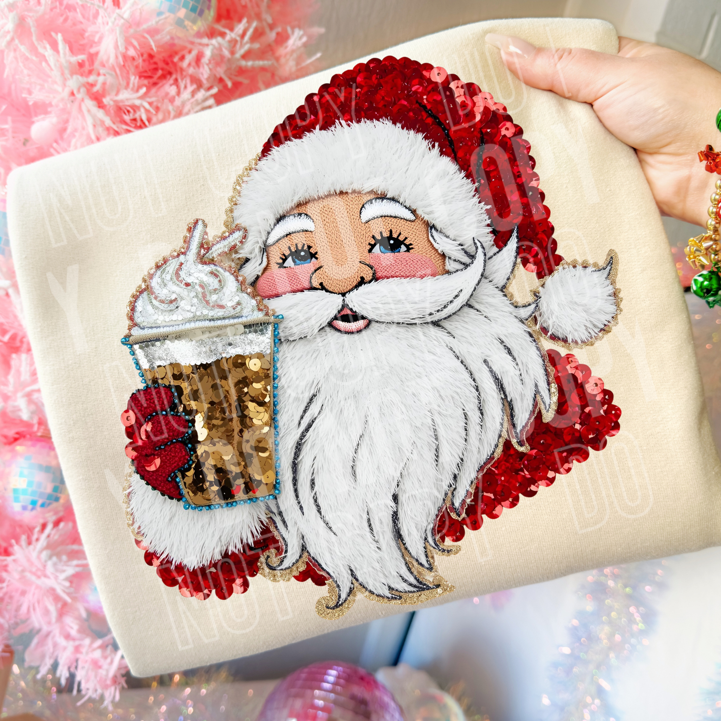 Santa w/Coffee Cup (Faux Sequin/Yarn) Full Color DTF Transfer