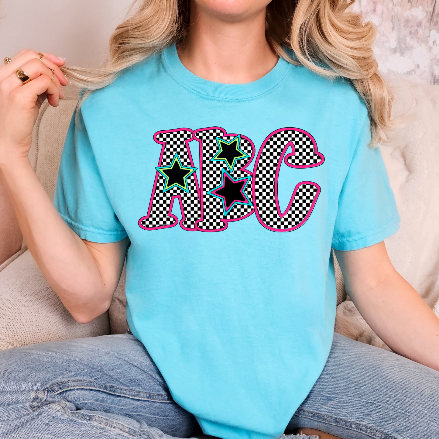 Pink Outlined Checkered Star Alpha Full Color DTF Transfer