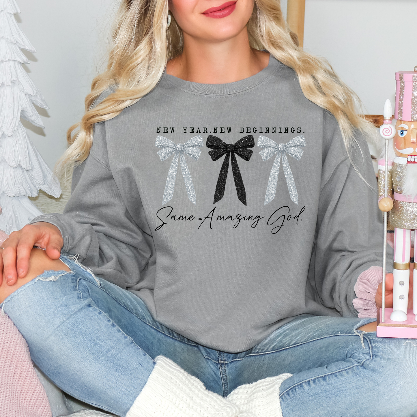 New Year. New Beginnings Same Amazing God (Glitter Bow) Full Color DTF Transfer