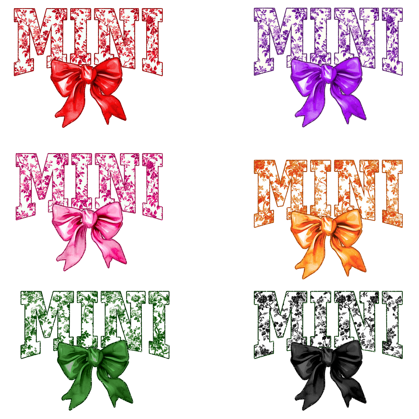 Floral Mama w/Bow Faux Glitter Outline MULTI COLOR OPTIONS (Mini Option) Full Color DTF Transfer
