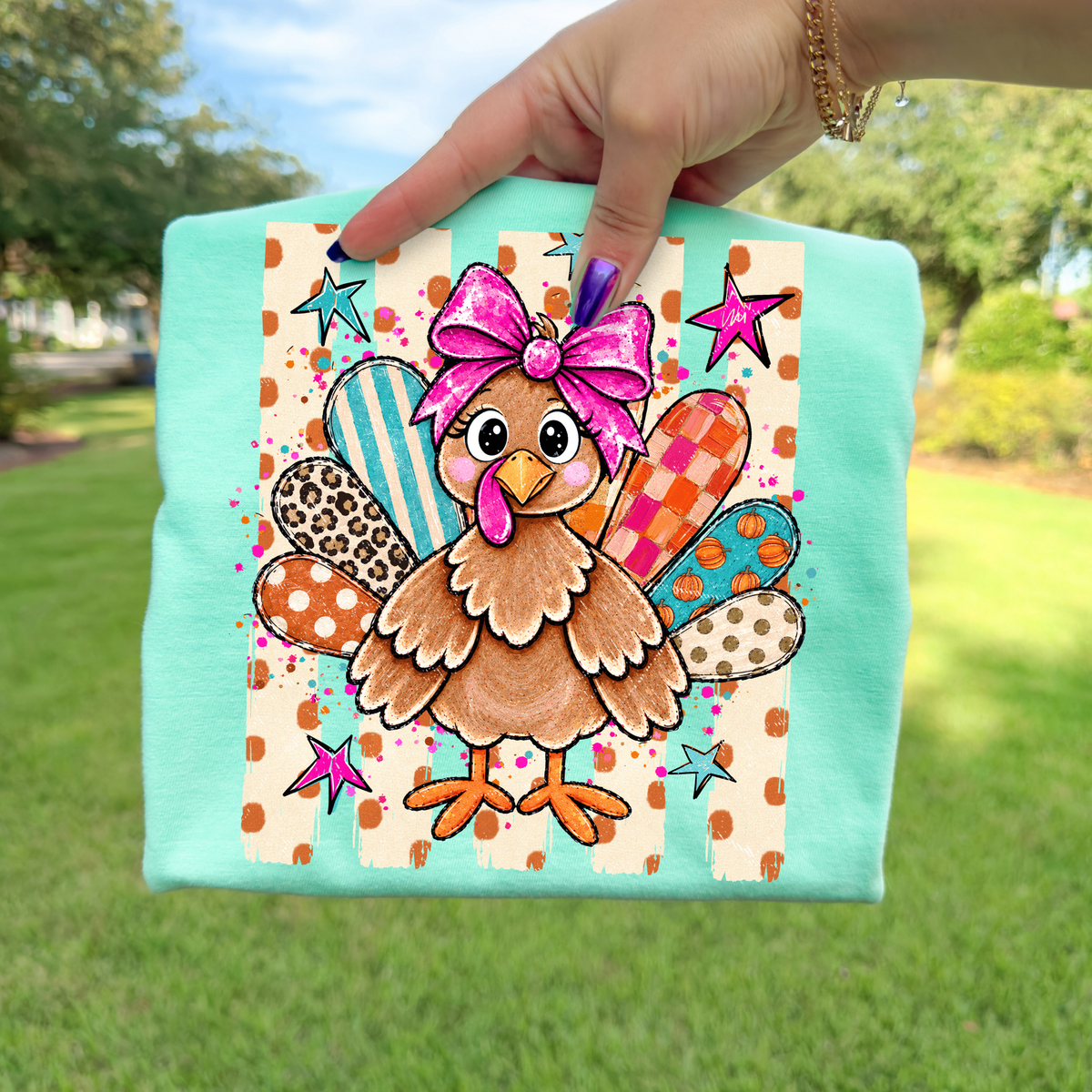 Girl Turkey w/Bow (Striped Background) Full Color DTF Transfer
