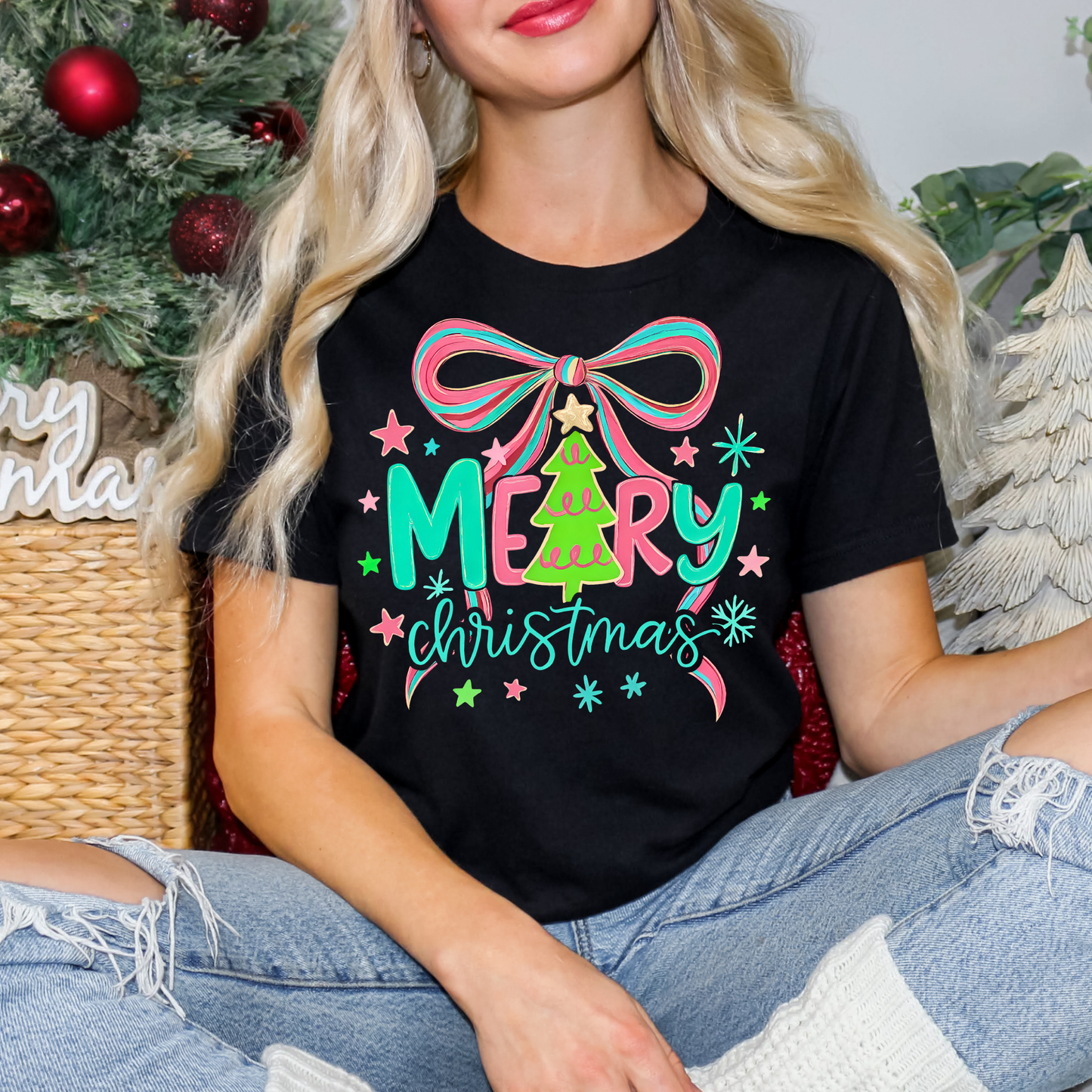 Merry Christmas with Bow Full Color DTF Transfer