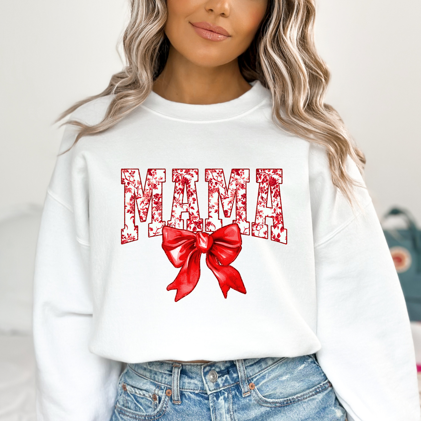 Floral Mama w/Bow Faux Glitter Outline MULTI COLOR OPTIONS (Mini Option) Full Color DTF Transfer