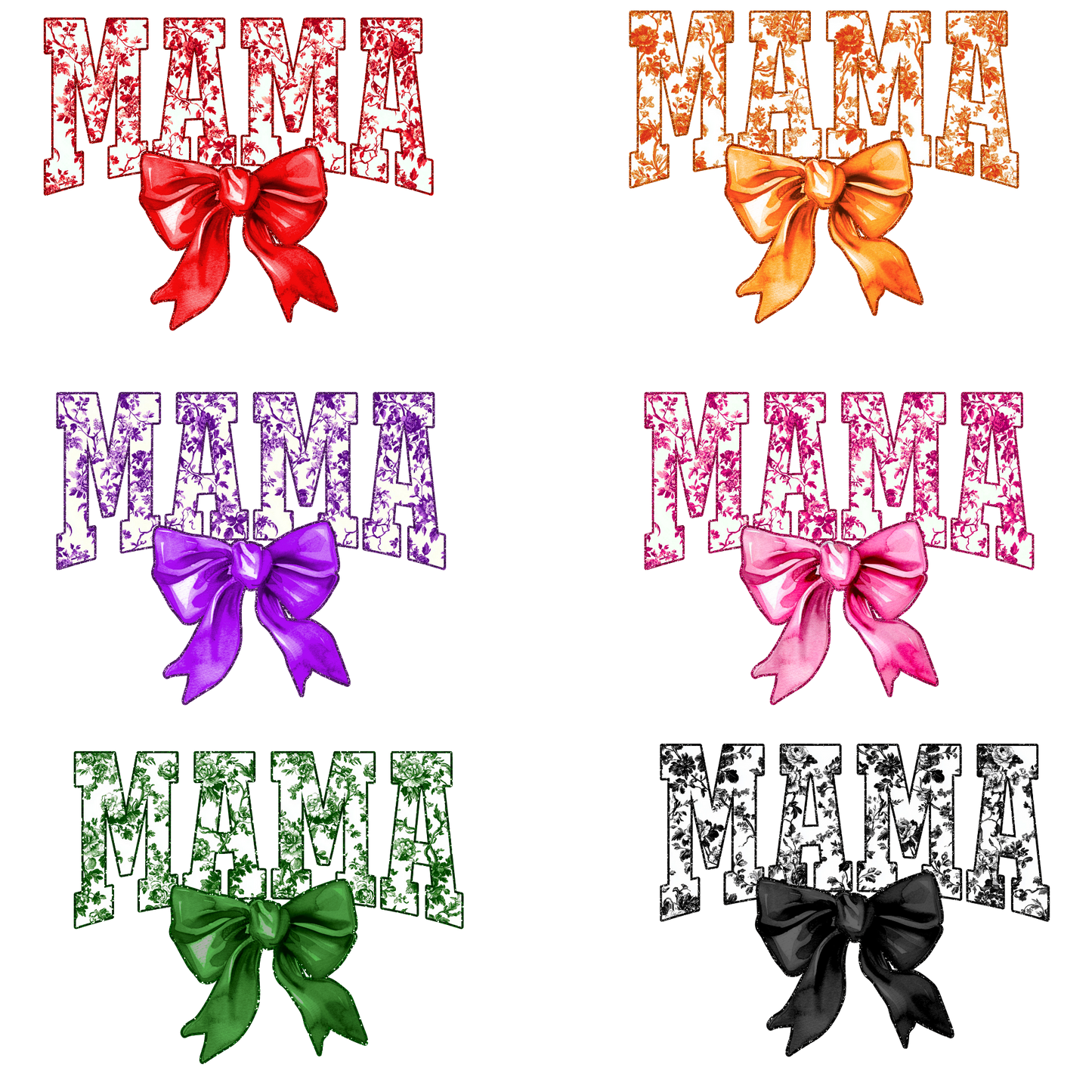 Floral Mama w/Bow Faux Glitter Outline MULTI COLOR OPTIONS (Mini Option) Full Color DTF Transfer