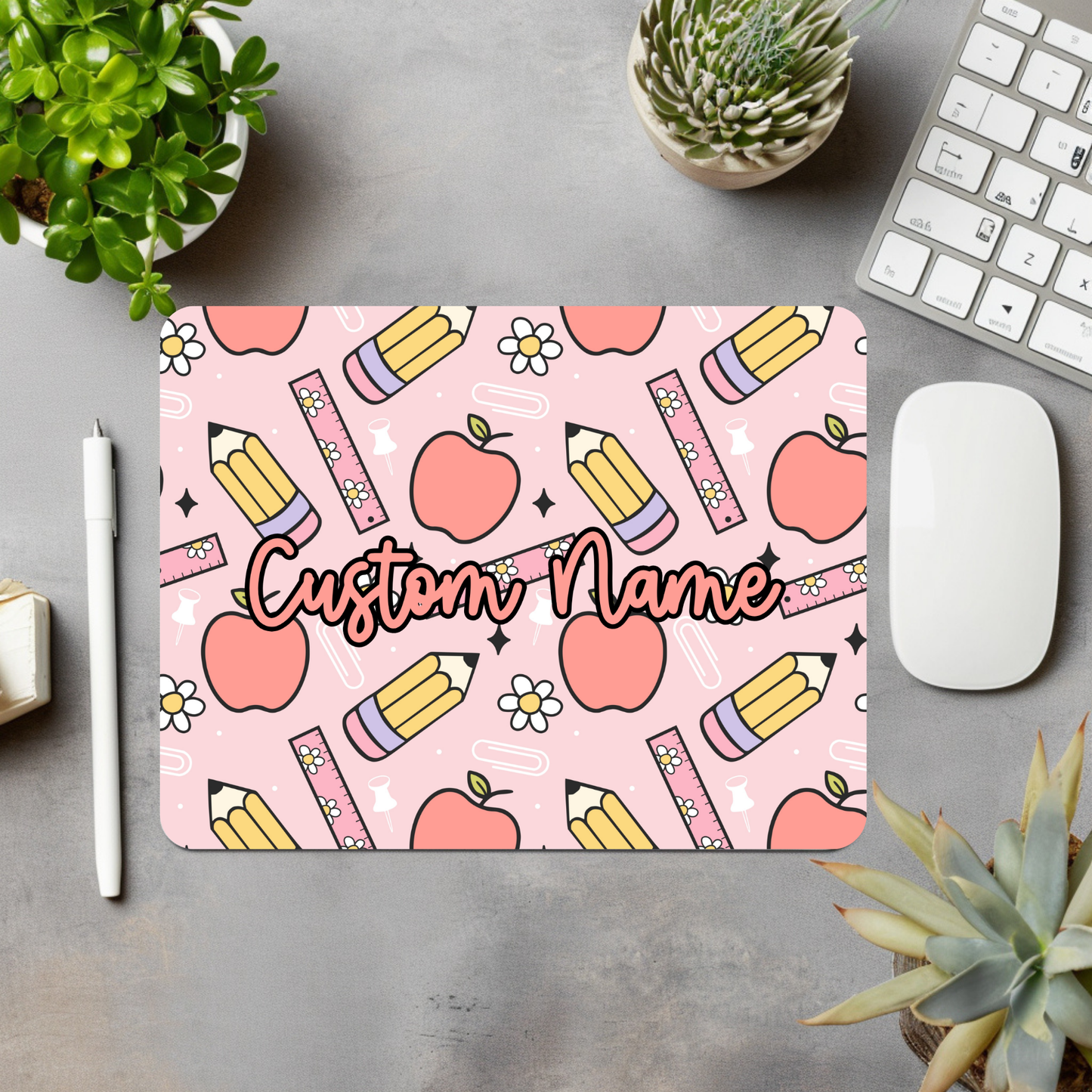 Pencil/Apple (Pink) Personalized Mouse Pad