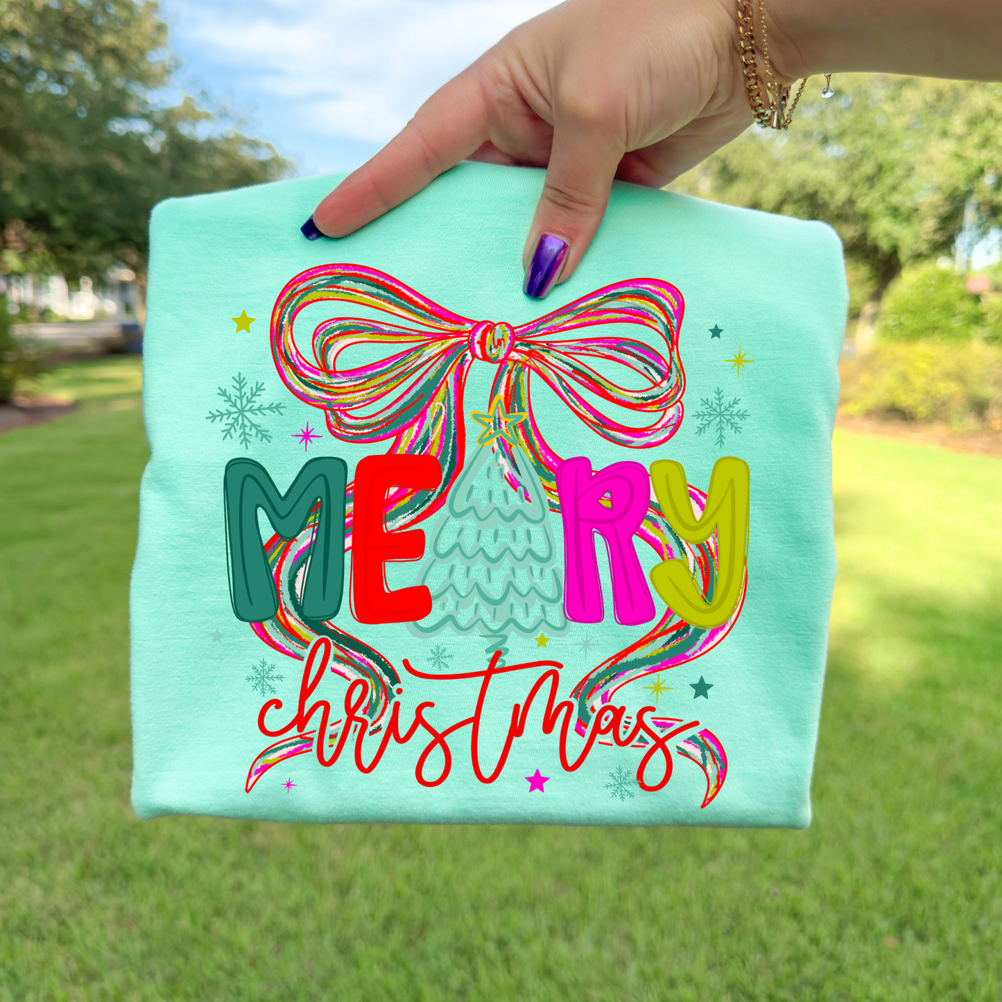 Merry Christmas (Colorful Sketch Bow) Full Color DTF Transfer