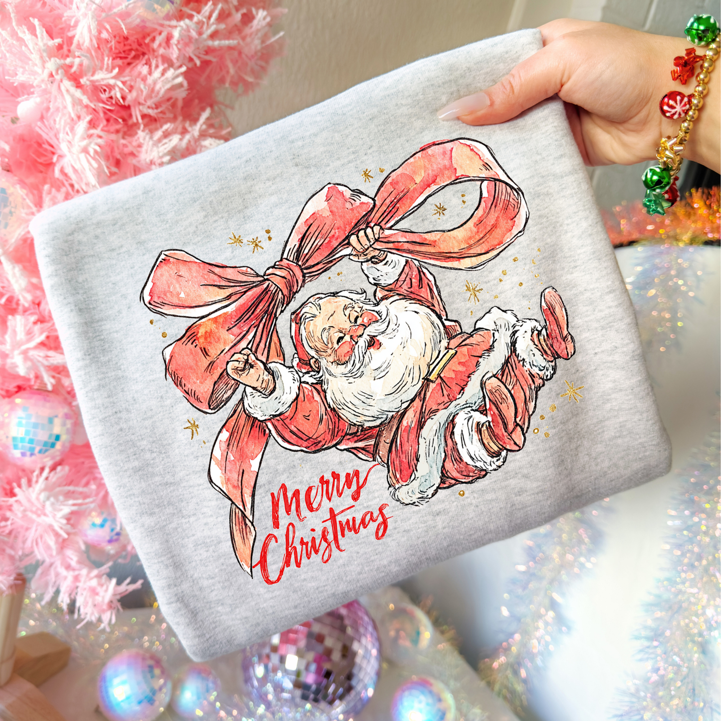 Merry Christmas (Santa Swinging On Bow) Full Color DTF Transfer