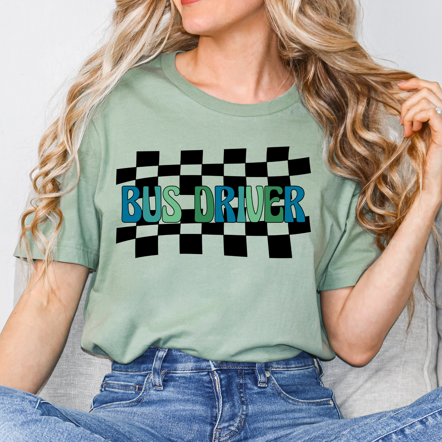 Bus Driver (Blues/Greens Checkered Background) Full Color DTF Transfer