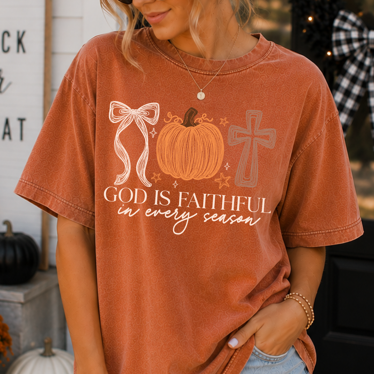 God Is Faithful In Every Season (Bow - Pumpkin - Cross) Full Color DTF Transfer