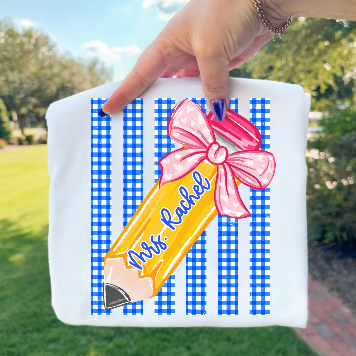 Personalized Pencil w/Blue Plaid Background Full Color DTF Transfer