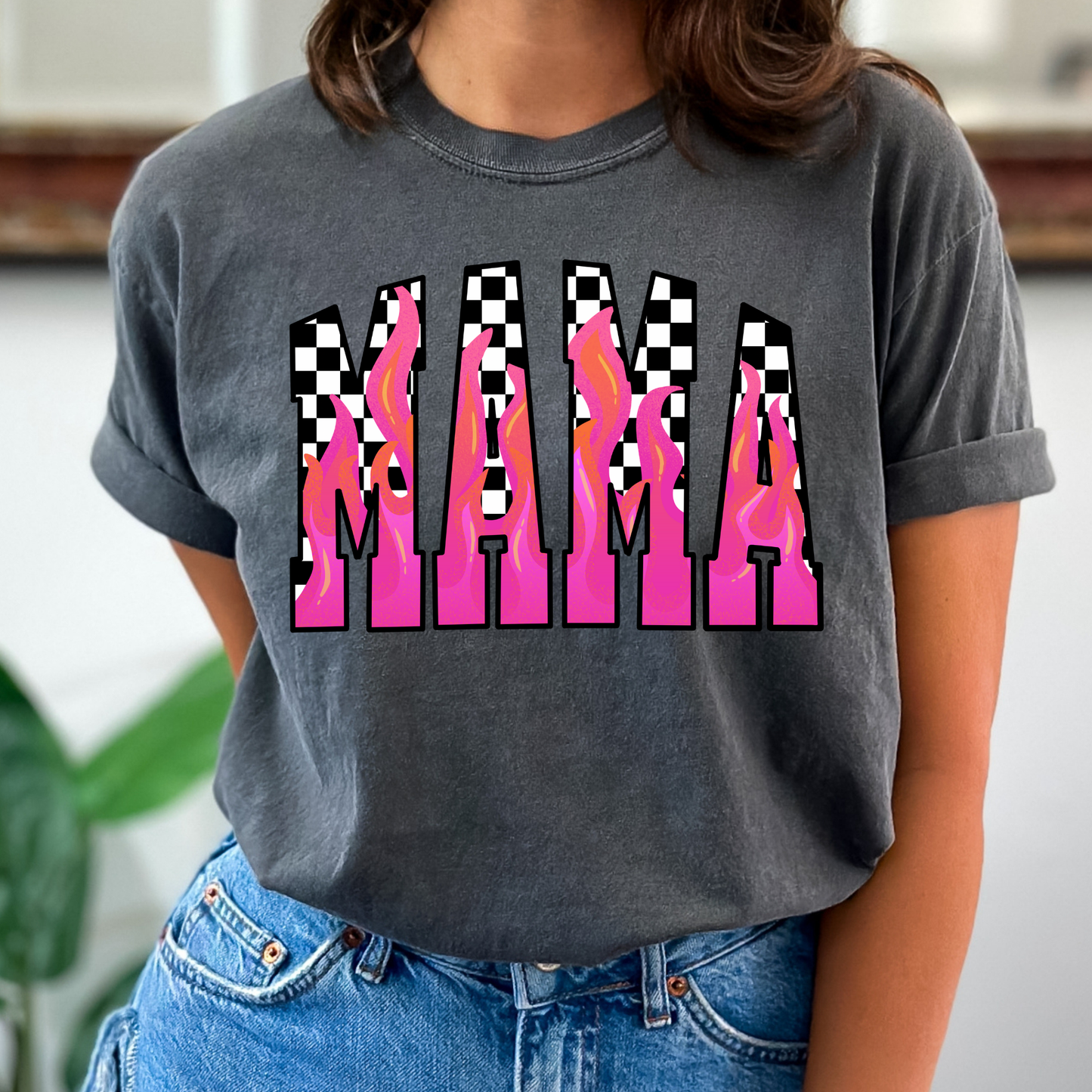 Pink Flame Checkered Mama Full Color DTF Transfer