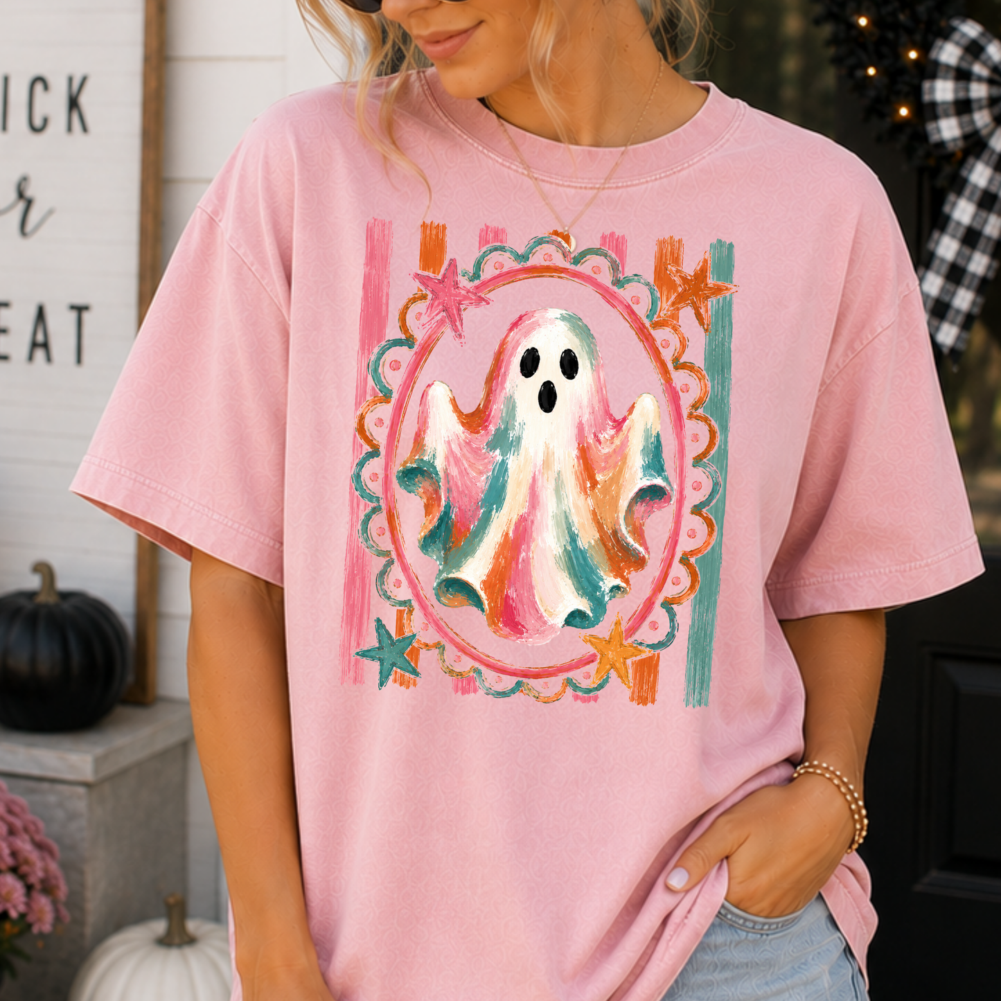 Framed Ghost w/Striped Background Full Color DTF Transfer