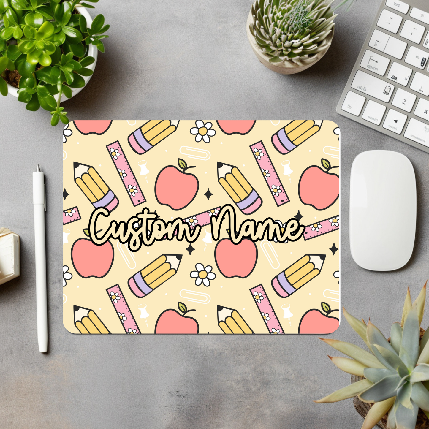 Pencil/Apple (Yellow) Personalized Mouse Pad