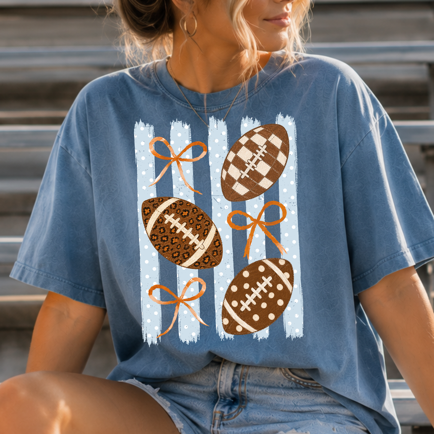 Football's & Bows (Striped Background) Full Color DTF Transfer