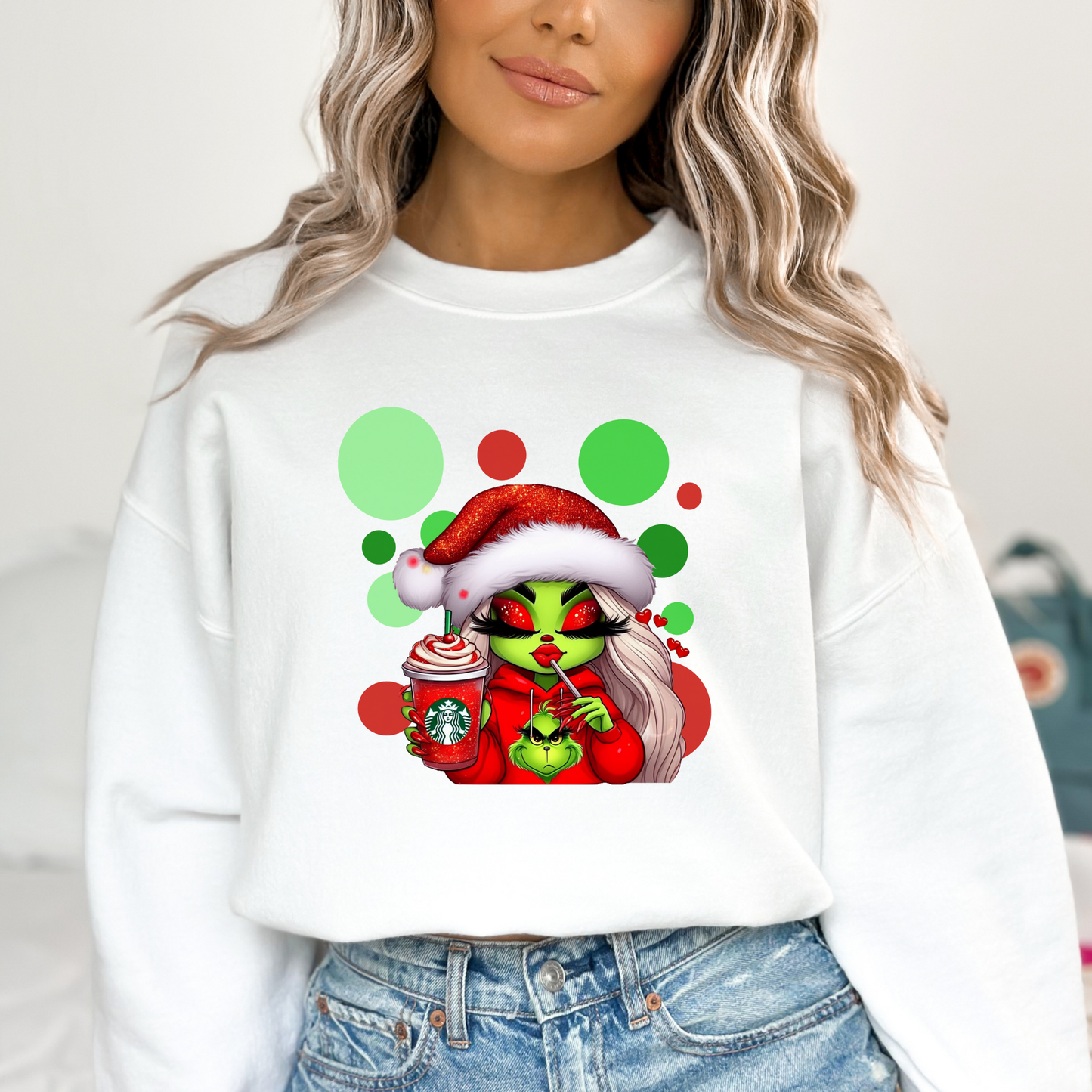 Red Grinch Girl w/ Coffee (Green/red Bubble Background) Full Color DTF Transfer