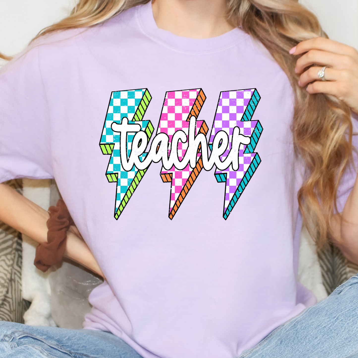 Teacher Multi Color Checkered Lighting Bolts Full Color DTF Transfer