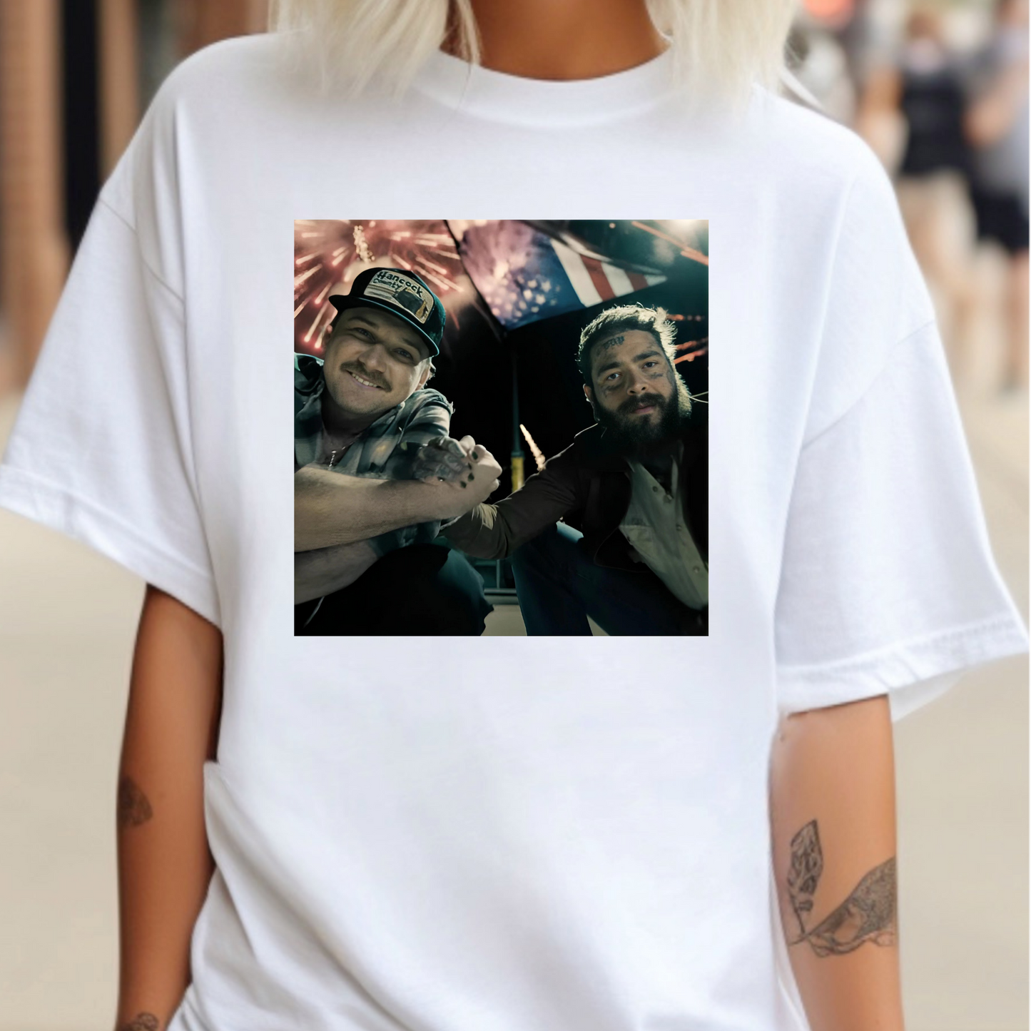 Morgan Wallen/Post Malone Picture (Flag/Firework Background) Full Color DTF Transfer