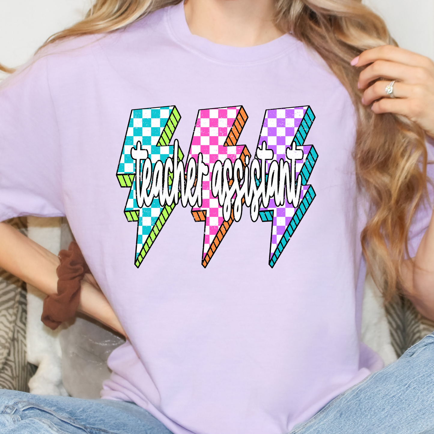 Teacher Assistant Multi Color Checkered Lighting Bolts Full Color DTF Transfer