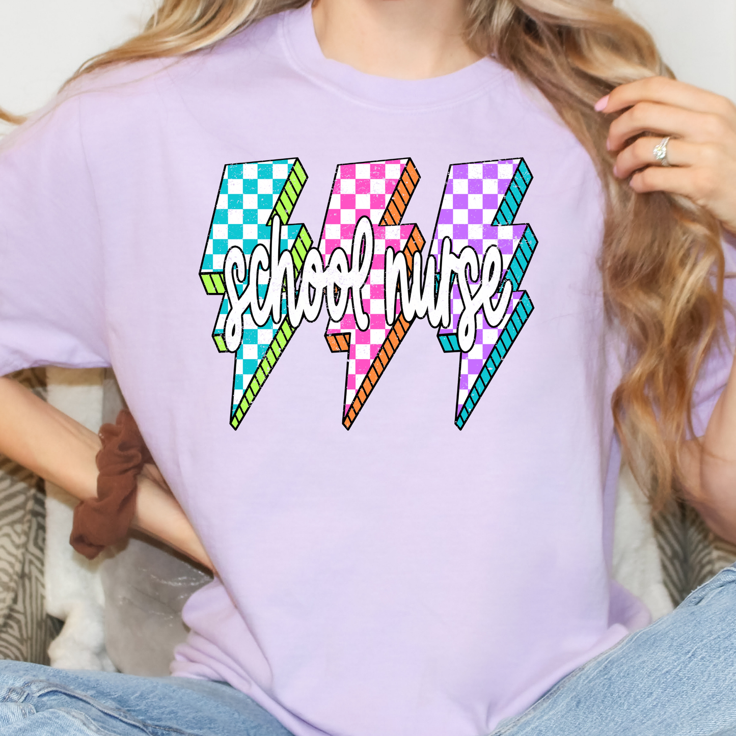 School Nurse Multi Color Checkered Lighting Bolts Full Color DTF Transfer