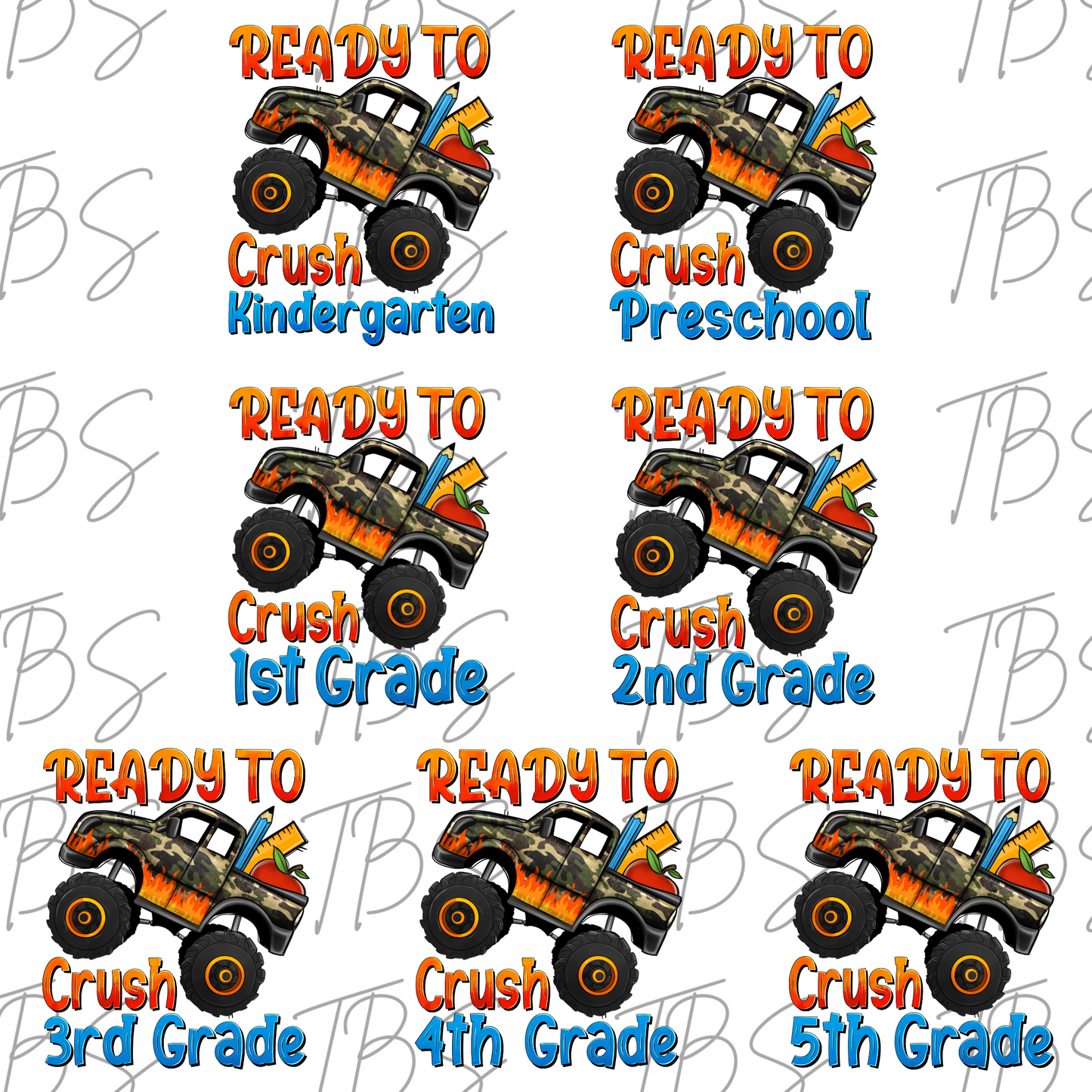 Monster Truck Ready To Crush Grade (MULTI GRADE OPTIONS) Checkered Back To School Full Color DTF Transfers