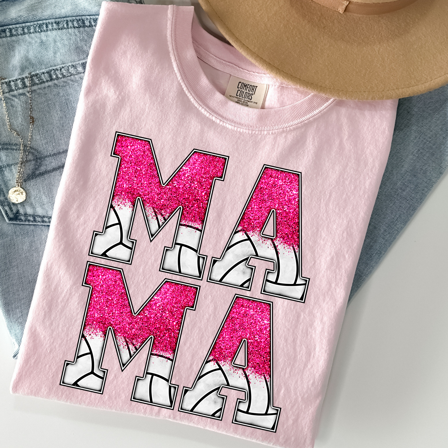 Mama (Stacked) Pink Faux Glitter/ Volleyball Full Color DTF Transfer