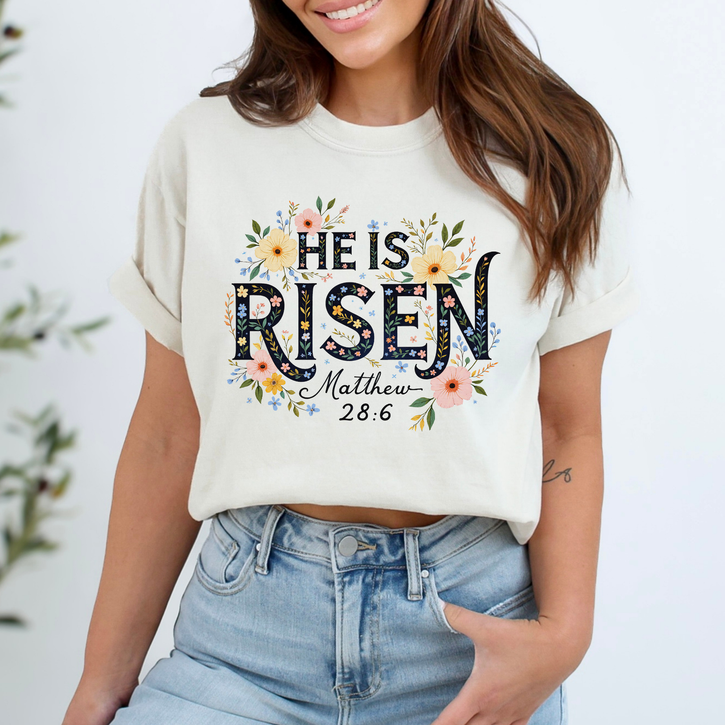 He Has Risen (Floral) Matthew 28:6 Full Color DTF Transfer