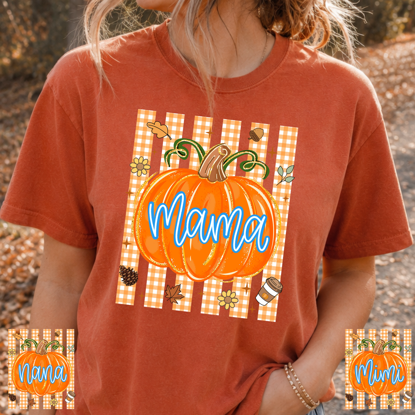 Pumpkin Mama w/Checkered Striped Background (Nana - Mimi Option) Full Color DTF Transfer