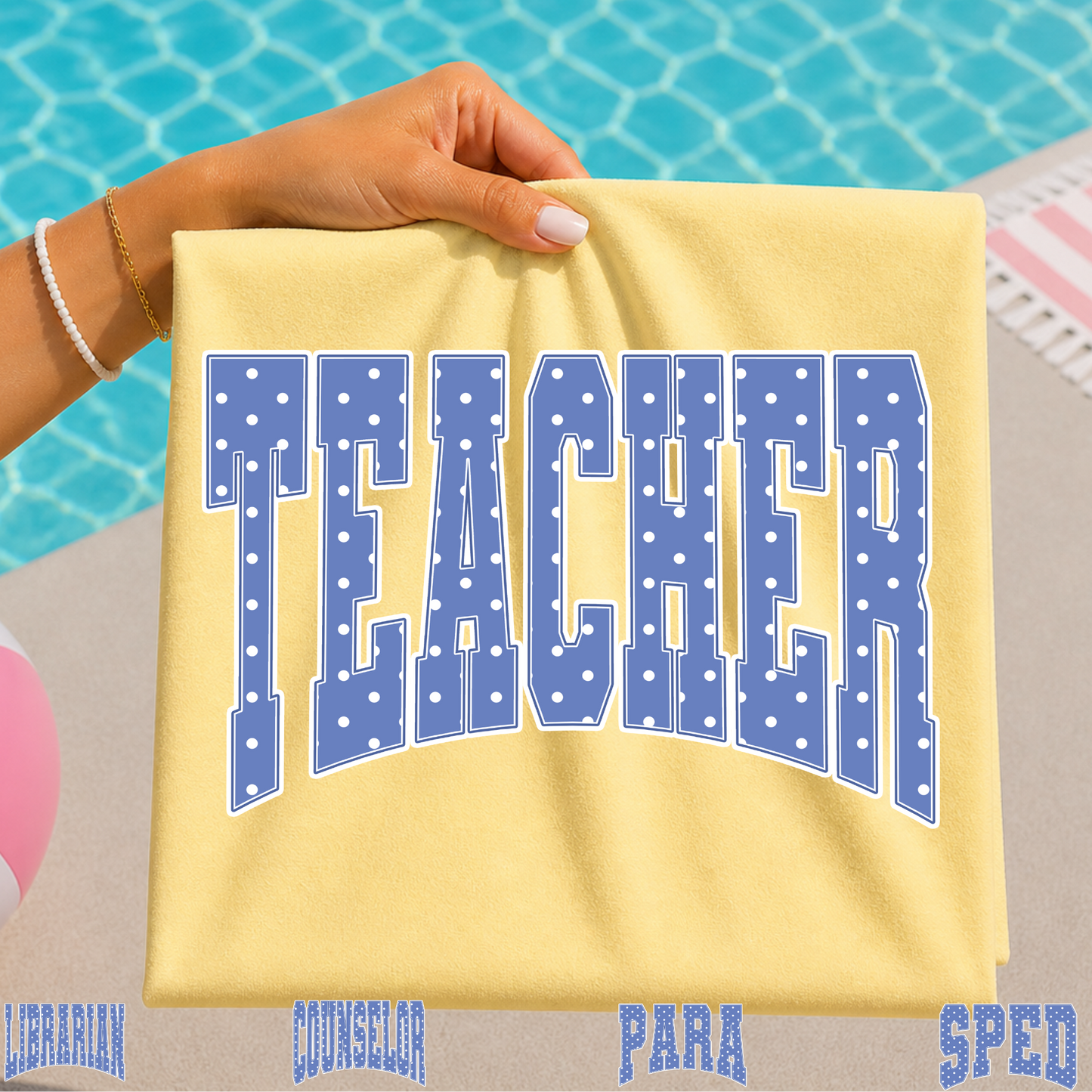 Teacher Blue w/Polka Dots (Librarian - Para - Counselor - SPED Options) Full Color DTF Transfer