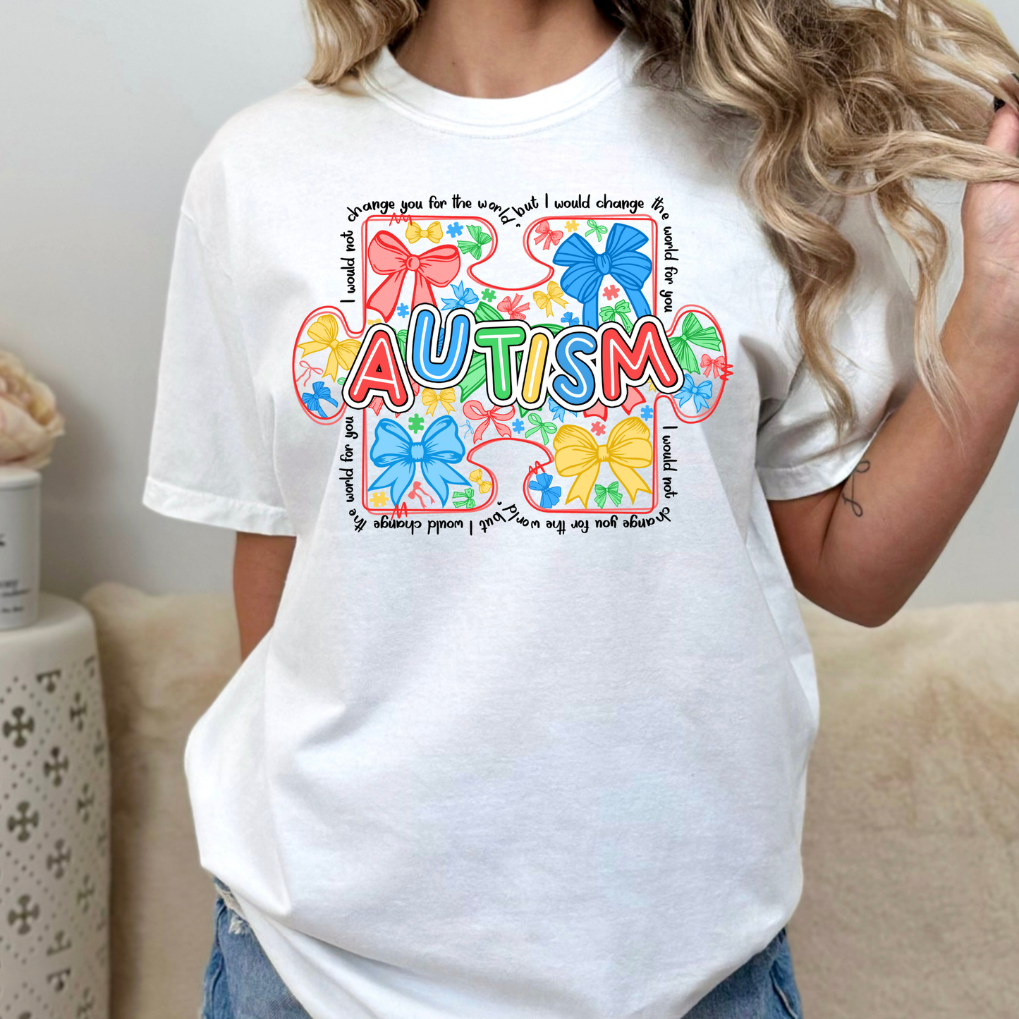 Autism Puzzle Piece w/Bows Full Color DTF Transfer