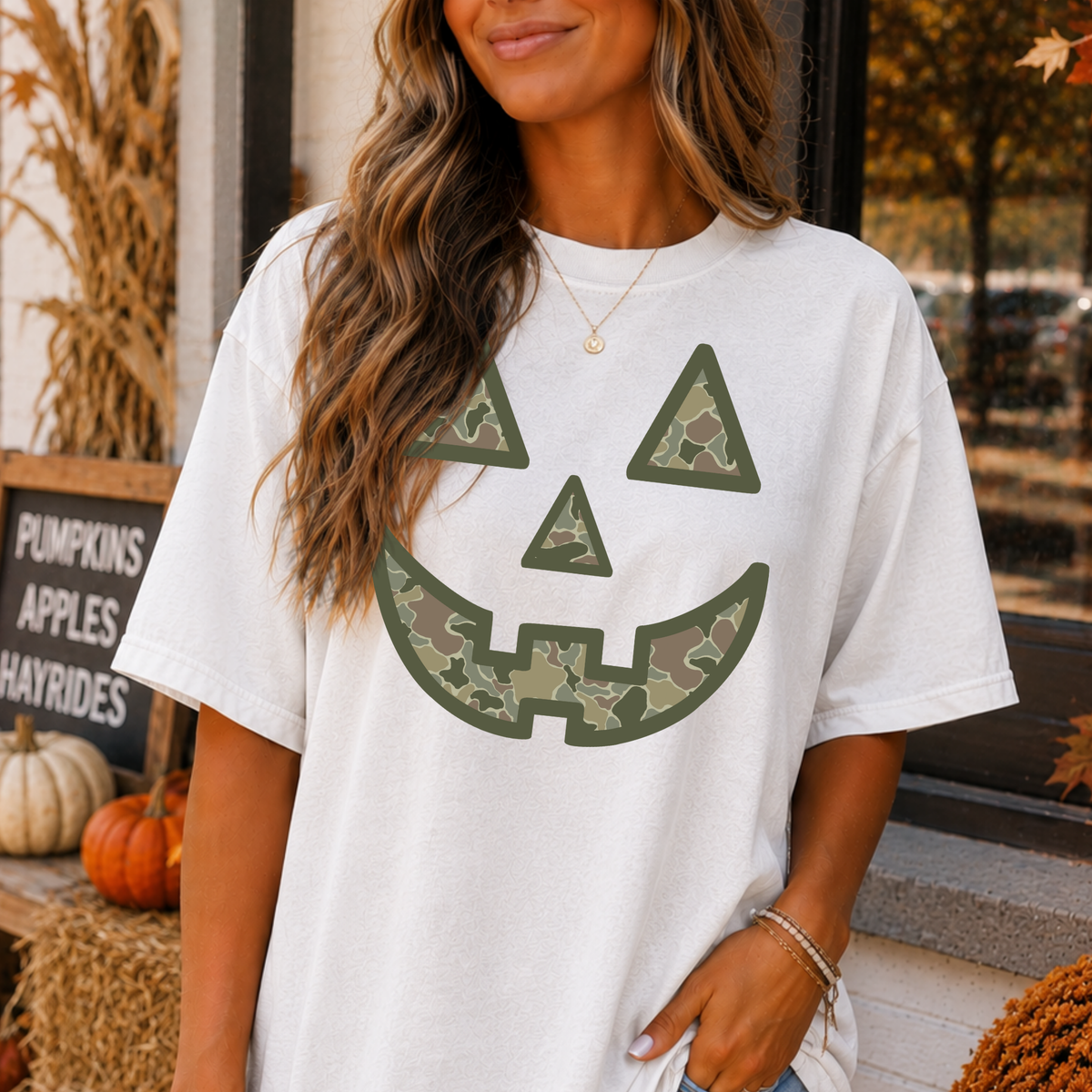Camo Pumpkin Face Full Color DTF Transfer