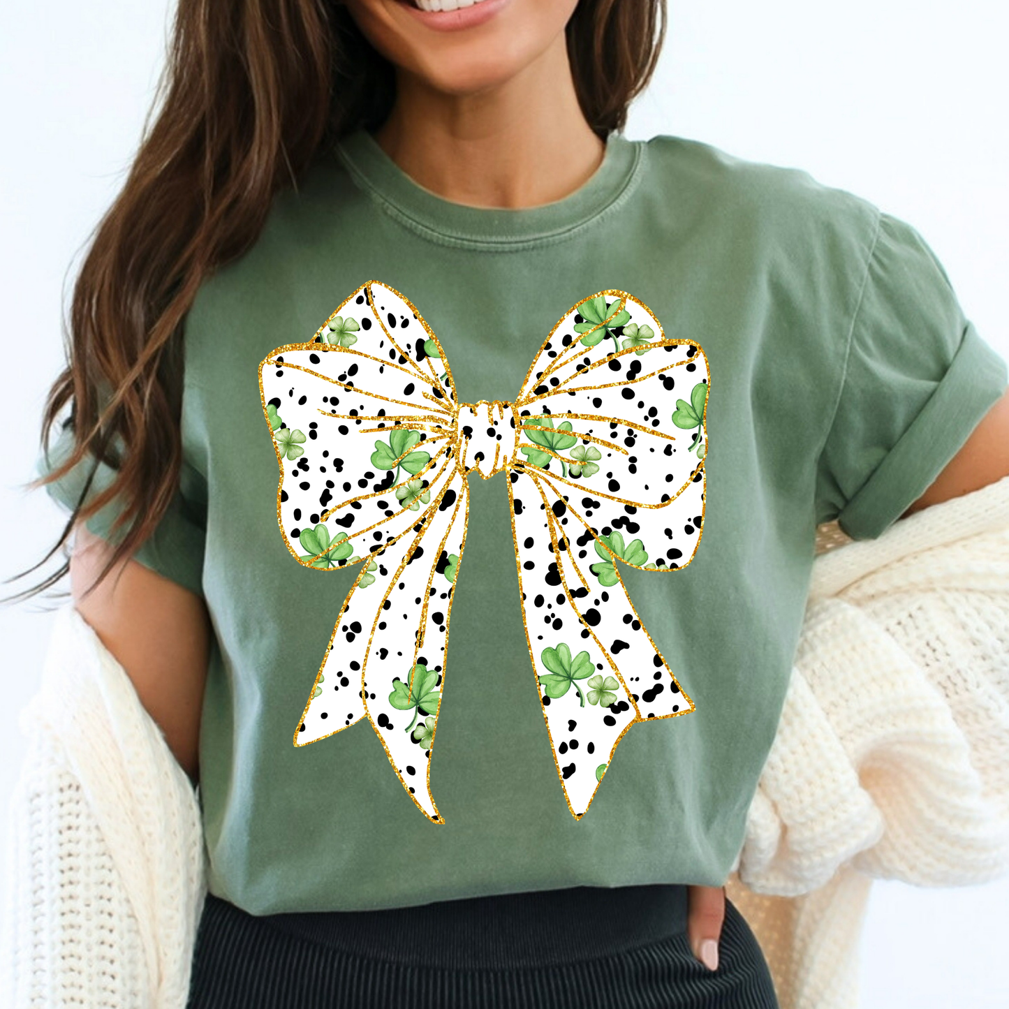 Dalmatian Print Bow w/ Four Leaf Clovers Full Color DTF Transfer