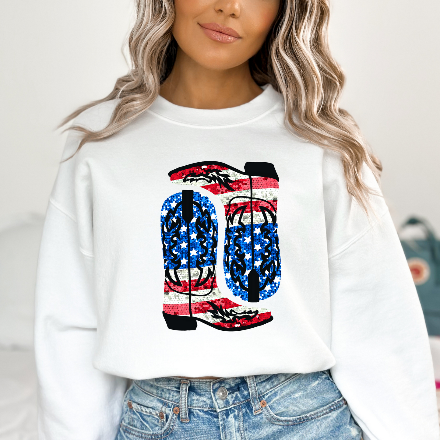 Faux Sequin American Flag Boot Full Color DTF Transfer