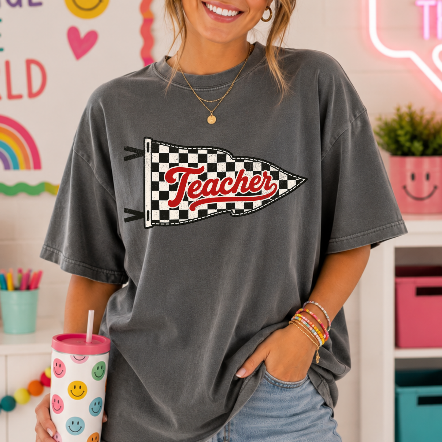Teacher Checkered Flag Full Color DTF Transfer