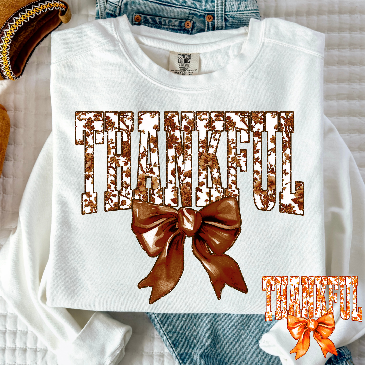 Thankful with Bow Full Color DTF Transfer