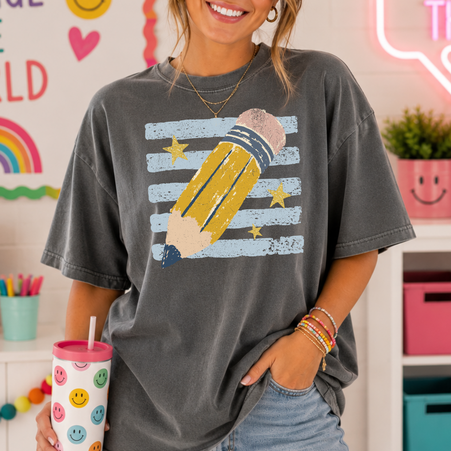 Pencil w/Striped Background Full Color DTF Transfer