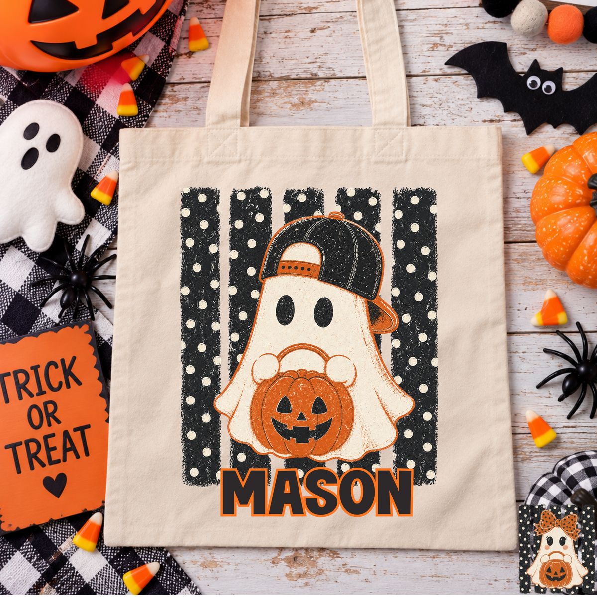 Personalized Ghost Holding Pumpkin (Girl/Boy Option) Trick or Treat Bags