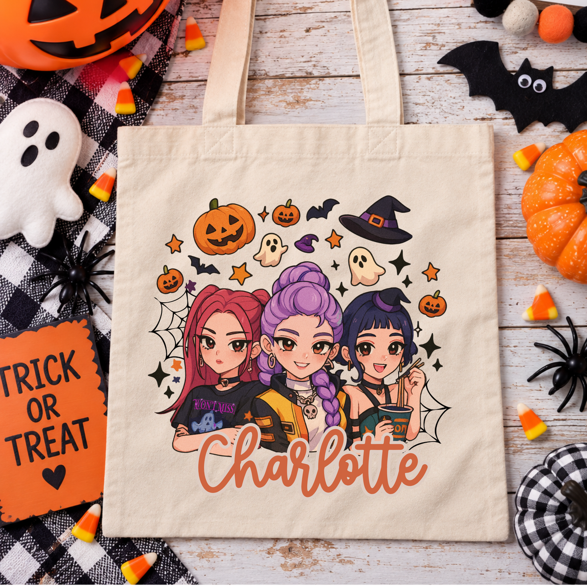 Personalized Huntrix w/Halloween Icons Trick or Treat Bag