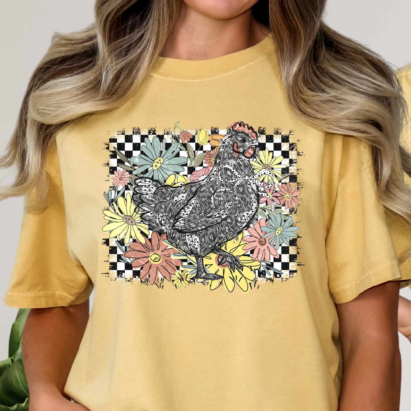 Chicken (Floral/Checkered Background) Full Color DTF Transfer