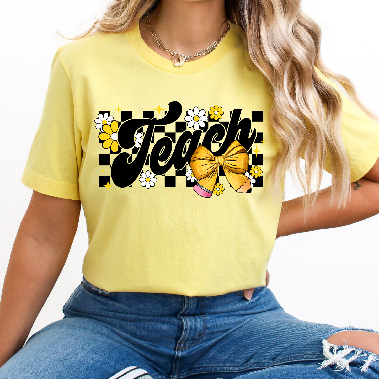 Teach Checkered w/Flowers Full Color DTF Transfer