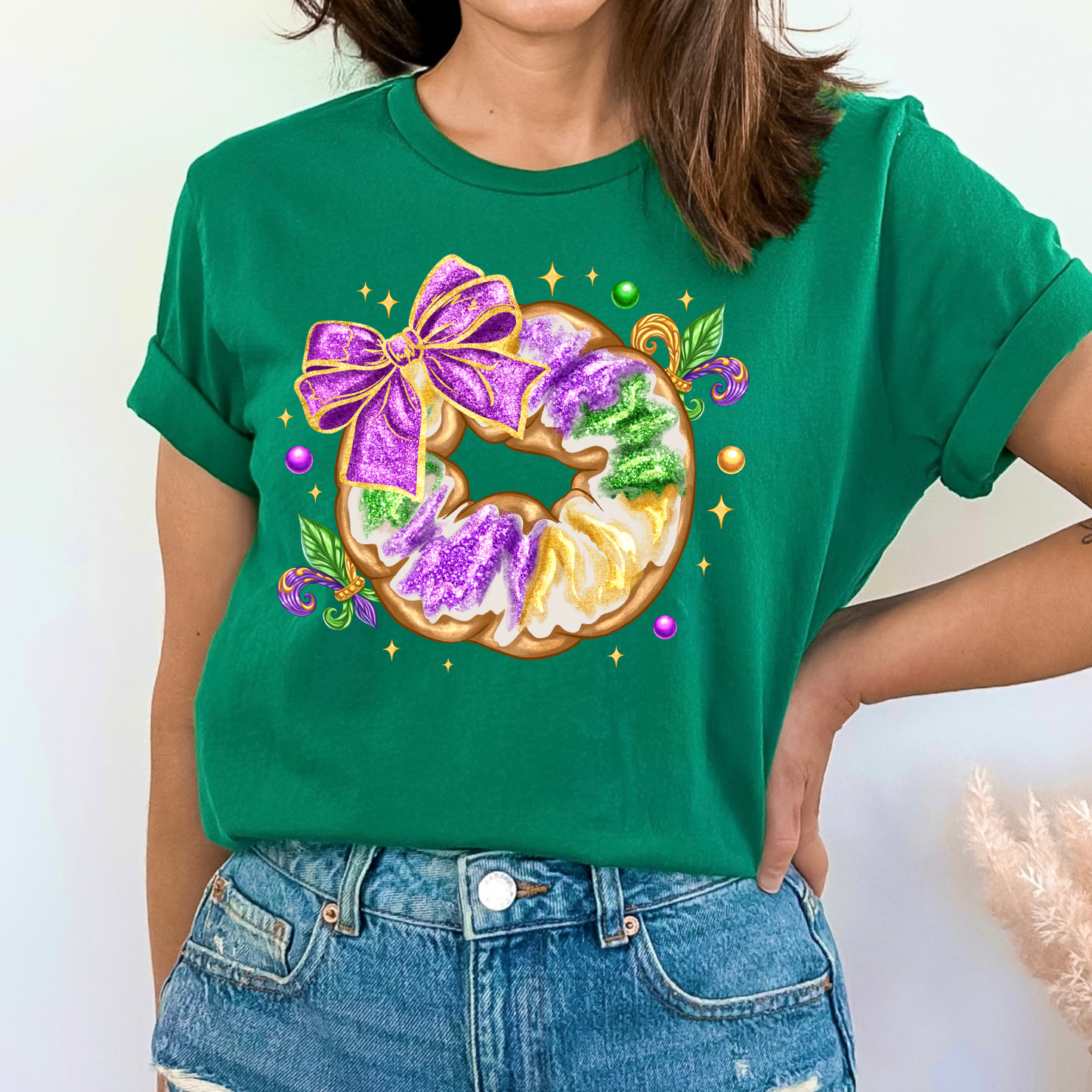 King Cake Mardi Gras w/ Bow Full Color DTF Transfer