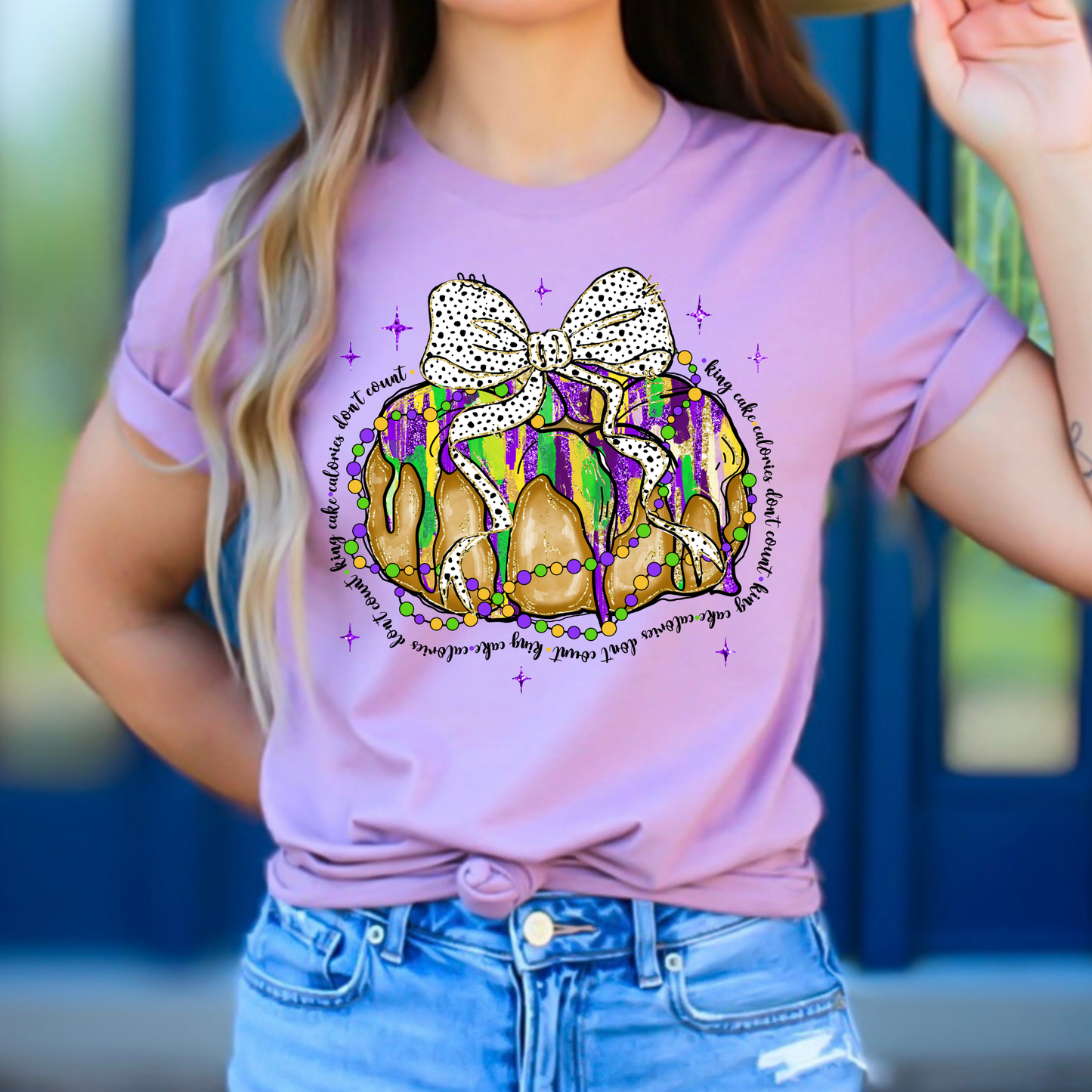 King Cake Calories Don't Count (Dalmatian Bow) Mardi Gras w/ Bow Full Color DTF Transfer