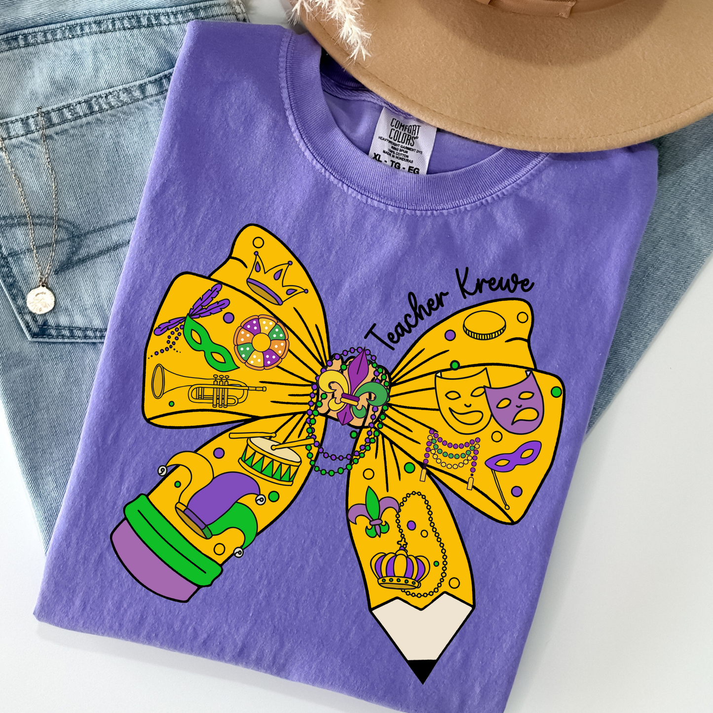 Mardi Gras Pencil Teach Krewe Bow Full Color DTF Transfer