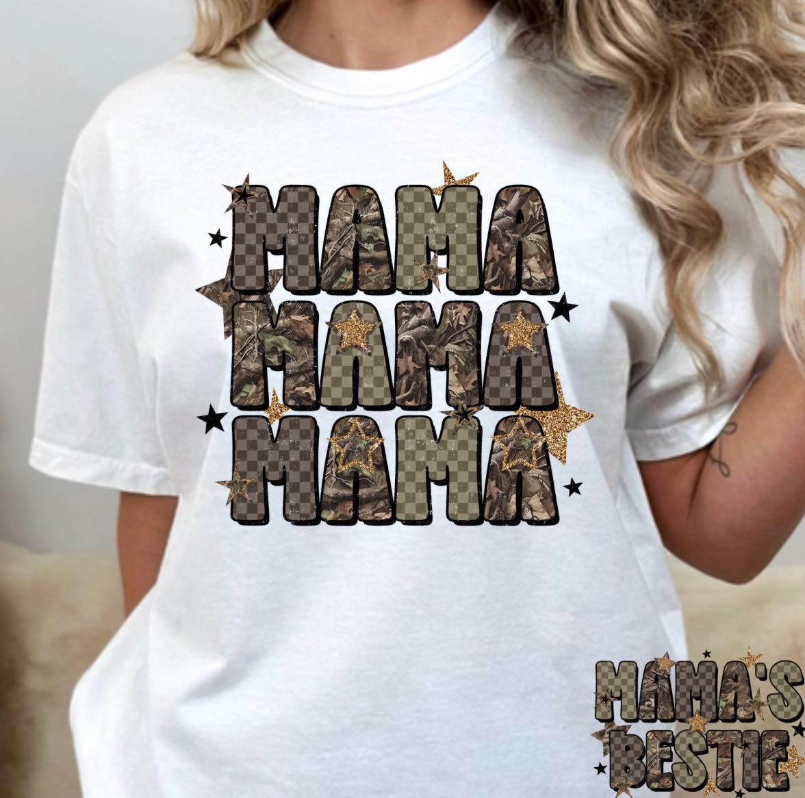 Camo Checkered Stars Mama (Mama's Bestie Option) Full Color DTF Transfer