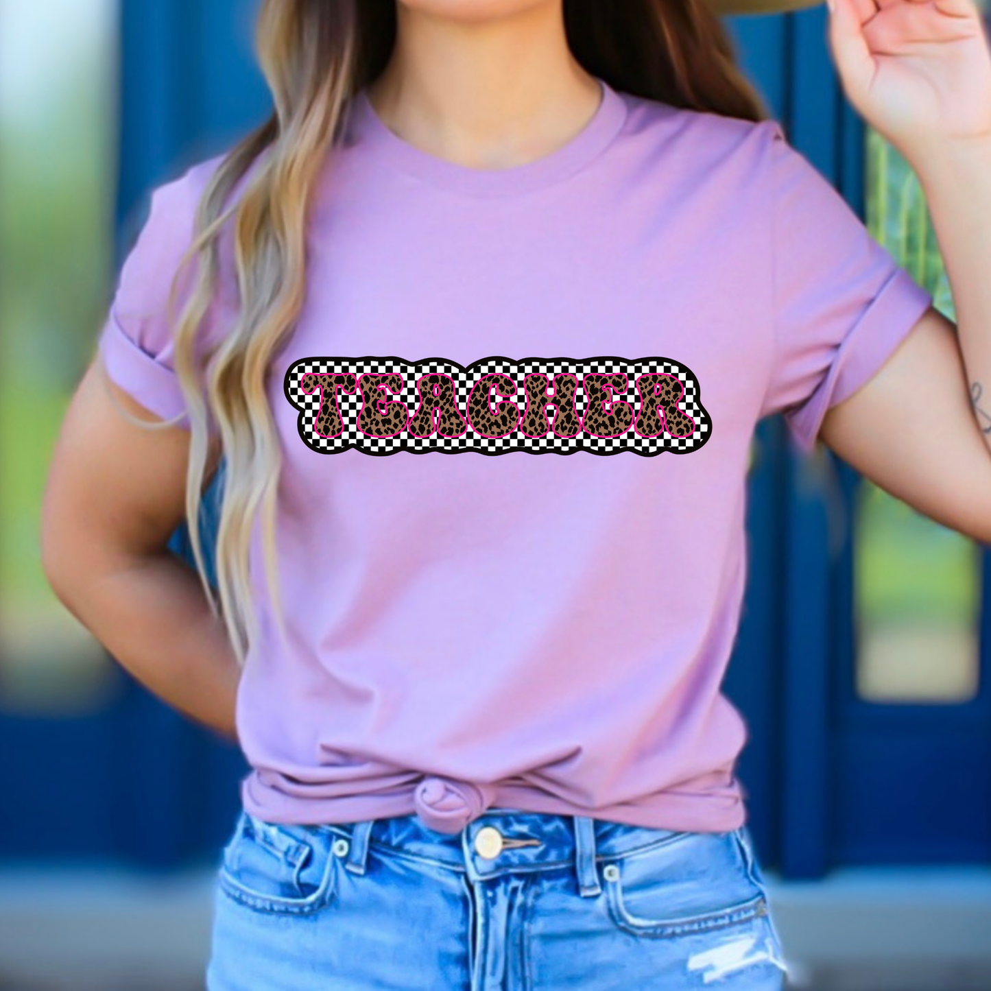 Leopard Teacher w/Checkered Background Full Color DTF Transfer