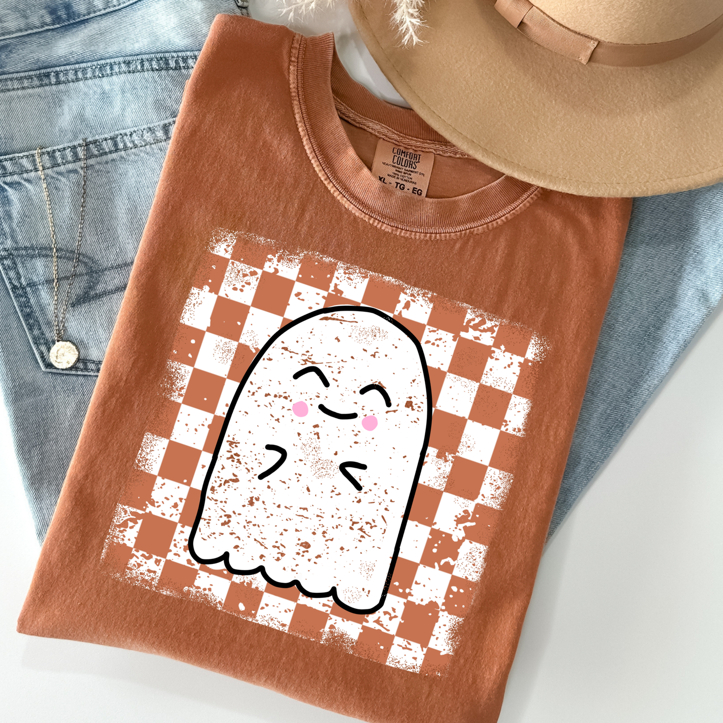 Cute Ghost w/Brown and White Checkered Background Full Color DTF Transfer