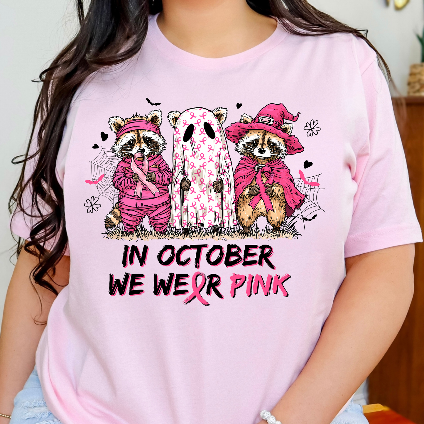 In October We Wear Pink Raccoon (Breast Cancer Awareness) Full Color DTF Transfer
